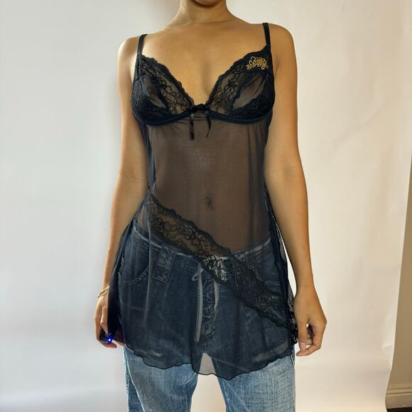 Vintage Y2K Coquette Goth Sheer Mesh Cami with Lace Panels (M) - Picture 5 of 6